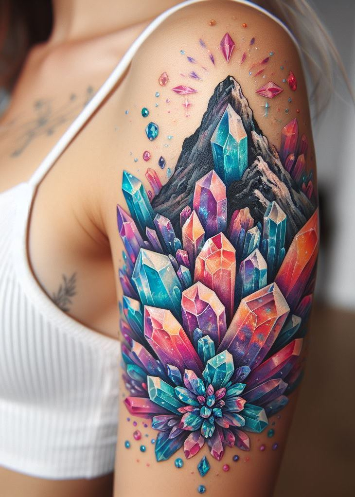 Crystal Tattoos invite you to embrace the grandeur of Crystal Mountain Majesty, turning your skin into a gallery of glacial glam.