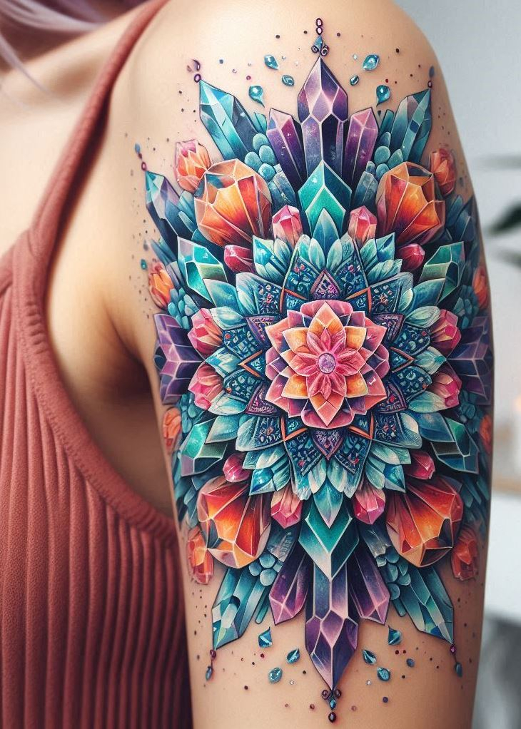 Namaste, but make it fashion! This crystal mandala tattoo is the perfect blend of spiritual vibes and dazzling style. Crystal tattoos: because enlightenment shouldn't be boring.