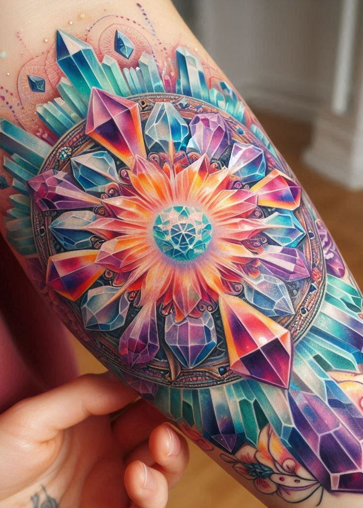 Crystals and mandalas? More like inner peace with a serious side of stunning. This crystal tattoo is pure magic for the soul (and the eyes).