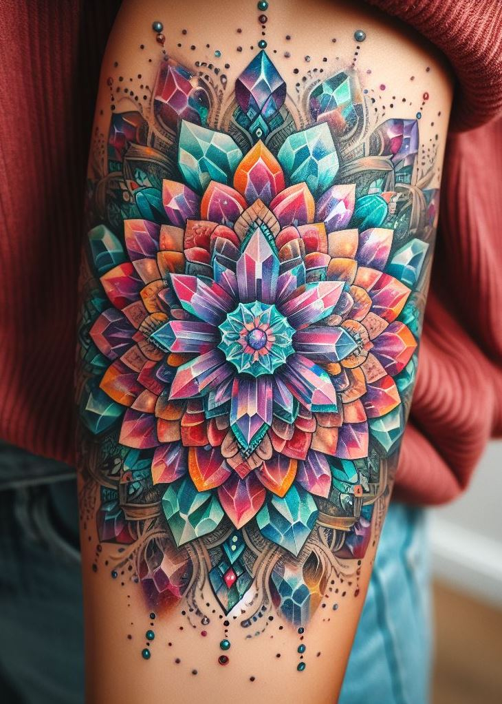 Ditch the boring yoga mat, this crystal mandala tattoo is your new meditation muse. Find your inner peace and unleash your sparkle with this dazzling design.