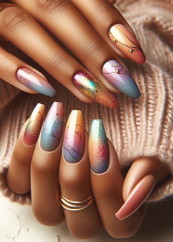 Abstract Nail Art: It's Not Just Random Splotches (We Promise!) | Pocoko Chroma Cascade: These gradient abstract nails are like sunsets dipped in stardust. Colors flow seamlessly, as if the universe itself is painting your fingertips. 🌈✨