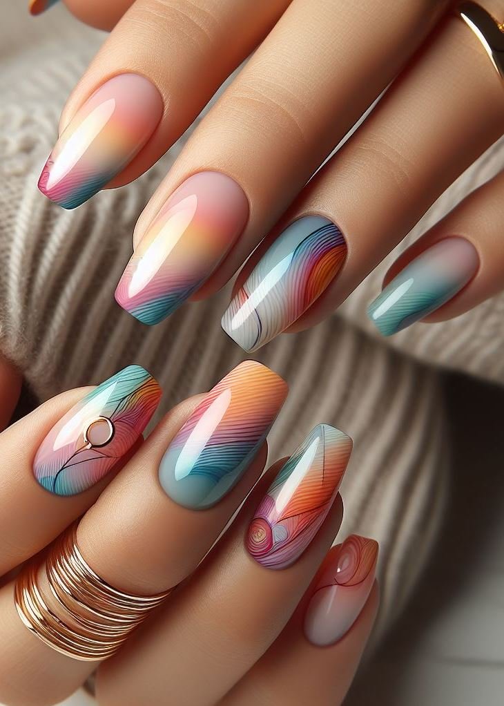 Abstract Nail Art: It's Not Just Random Splotches (We Promise!) | Pocoko Pastel Nebula: Abstract meets ethereal. These nails are soft galaxies, where lilac kisses mint and peach dances with lavender. It’s cosmic serenity for your fingertips. 🌌🌸