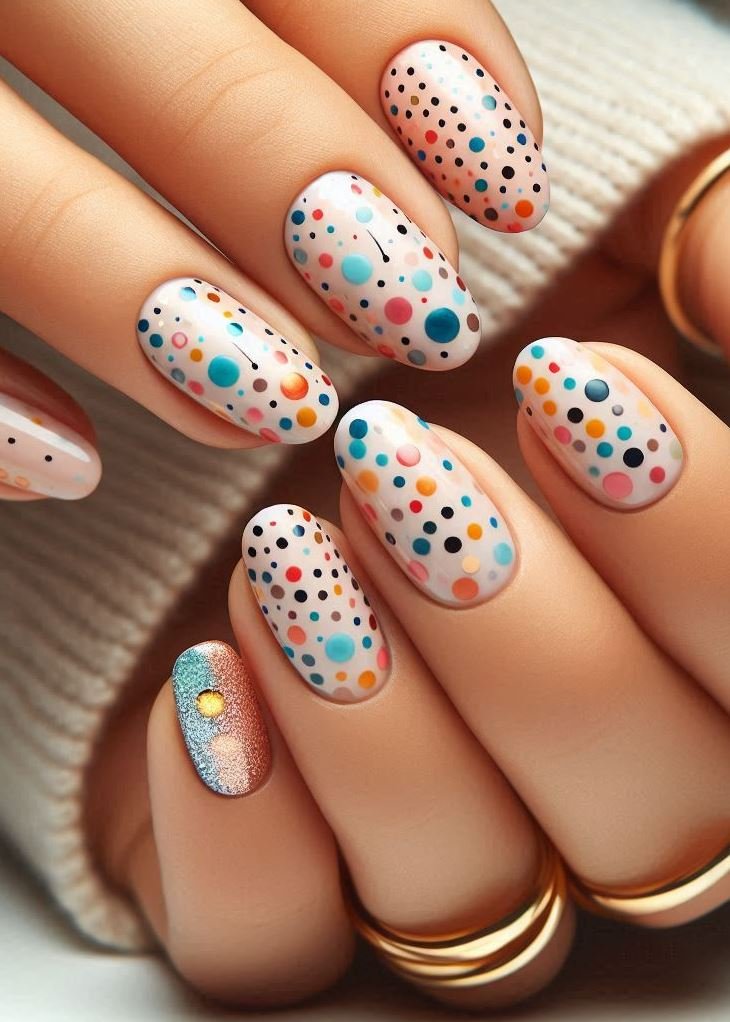 Abstract Nail Art: It's Not Just Random Splotches (We Promise!) | Pocoko Pixel Perfection: Imagine your nails as retro video game screens—each dot a pixel, forming intricate patterns. These pointillism nails are a nod to nostalgia. 🕹️🔴🟢