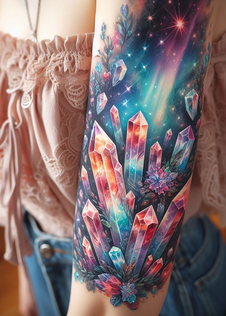 Earthly limitations? Not for you! These zero-gravity crystal tattoos defy gravity and redefine body art. Crystal tattoos: where space meets skin.