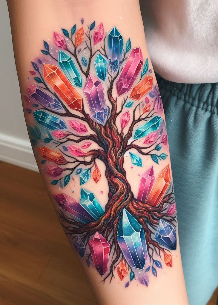 Crystal Tattoos capture the ethereal beauty of the Crystal-Enchanted Tree, a sanctuary where the whispers of nature and the sparkle of magic converge.