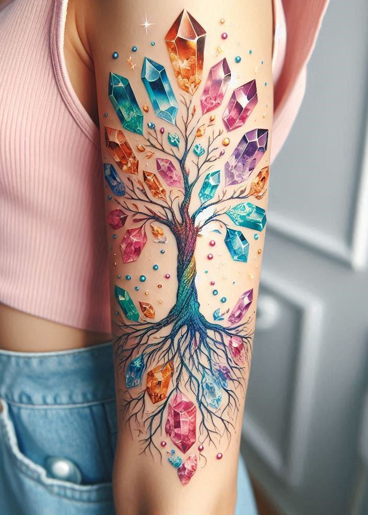 The Crystal-Enchanted Tree stands tall in Crystal Tattoos, its branches a testament to the mystical union of earth’s artistry and celestial charm.