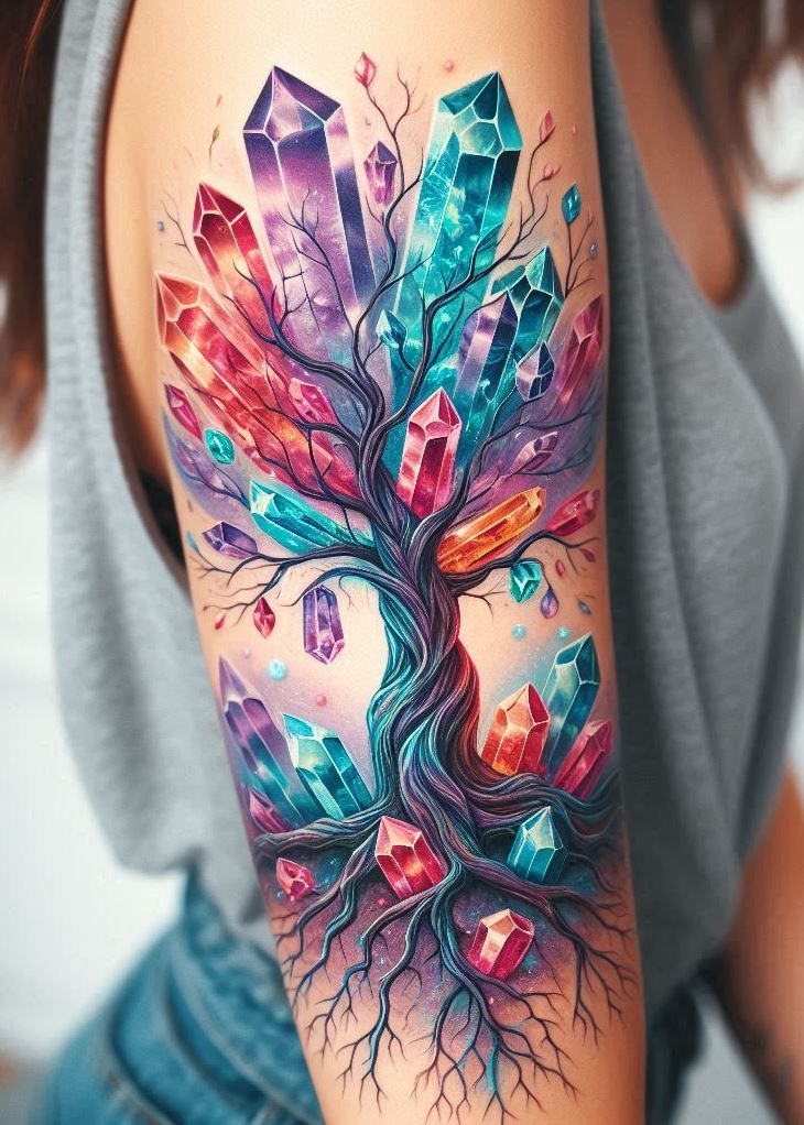 Behold the Crystal-Enchanted Tree, a masterpiece of nature’s magic, immortalized in Crystal Tattoos that dance with light and life.