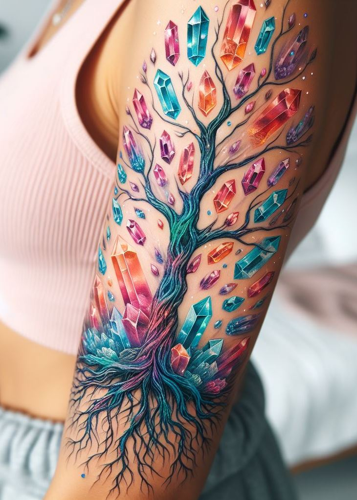 Crystal Tattoos bloom like luminescent petals on the branches of the Crystal-Enchanted Tree, weaving a tale of mystical communion between earth and sky.