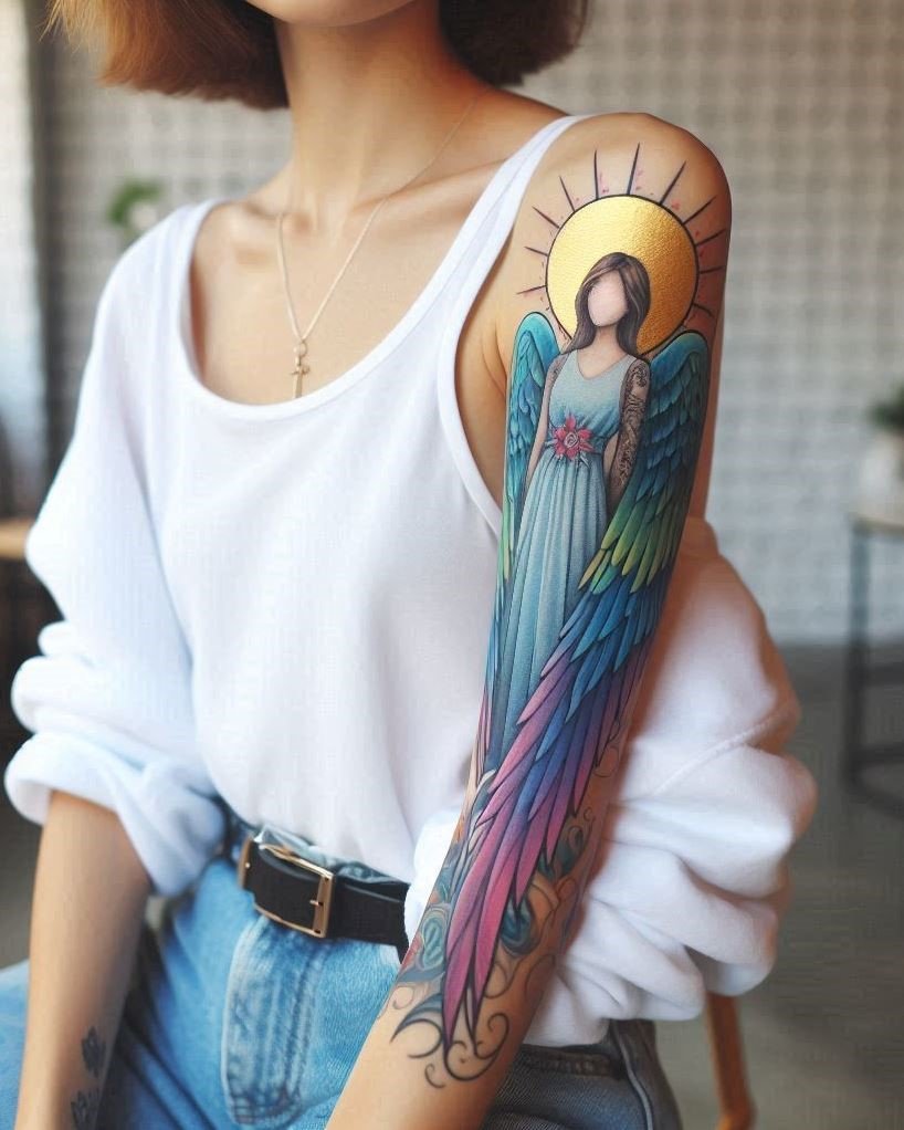 An angel, bathed in the warm glow of the rising sun, ascends with arms raised triumphantly. This tattoo could represent spiritual awakening, or the dawning of a new path illuminated by faith and hope.