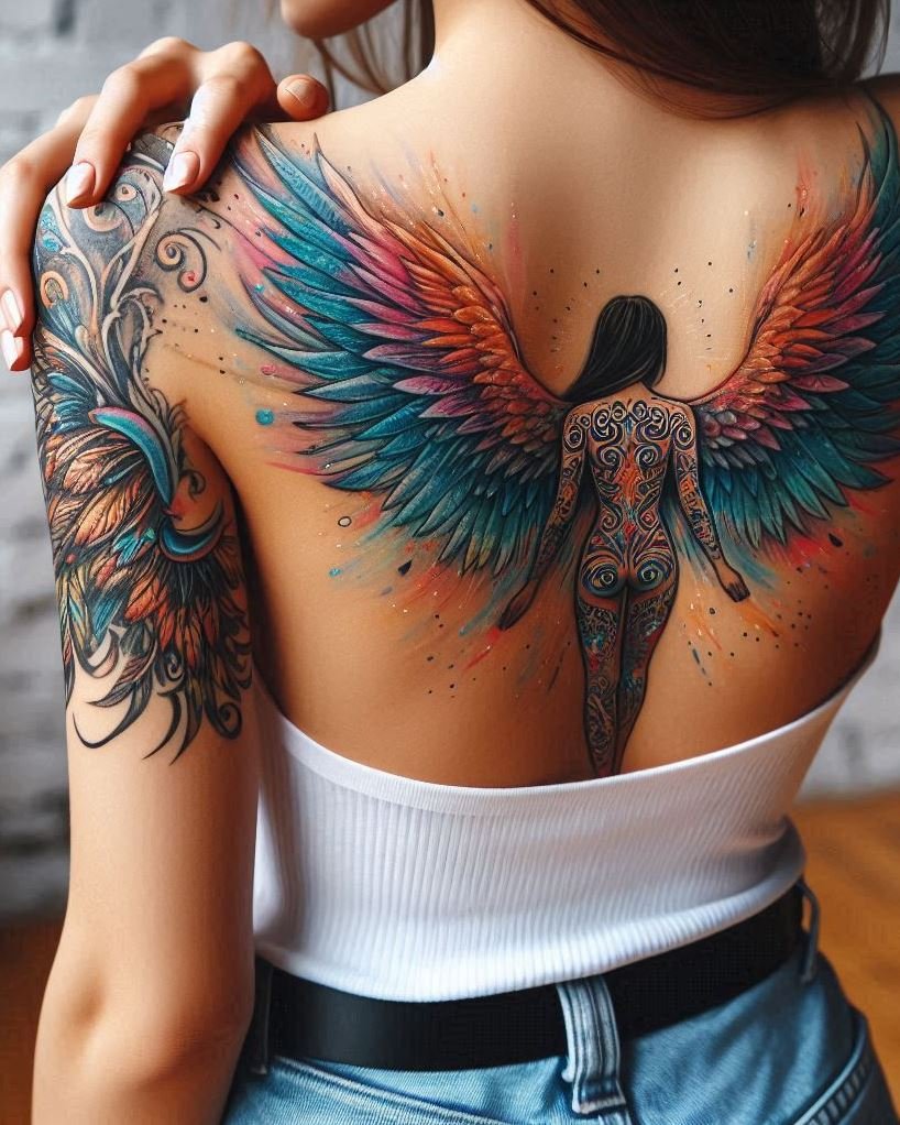 A majestic angel, its wings and body adorned with vibrant tattoos, unfurls across your back. The symbolism within the angel's tattoos whispers a personal story of faith and transformation. This tattoo could represent the power of reclaiming your narrative, where faith acts as a guide on a path of self-expression.