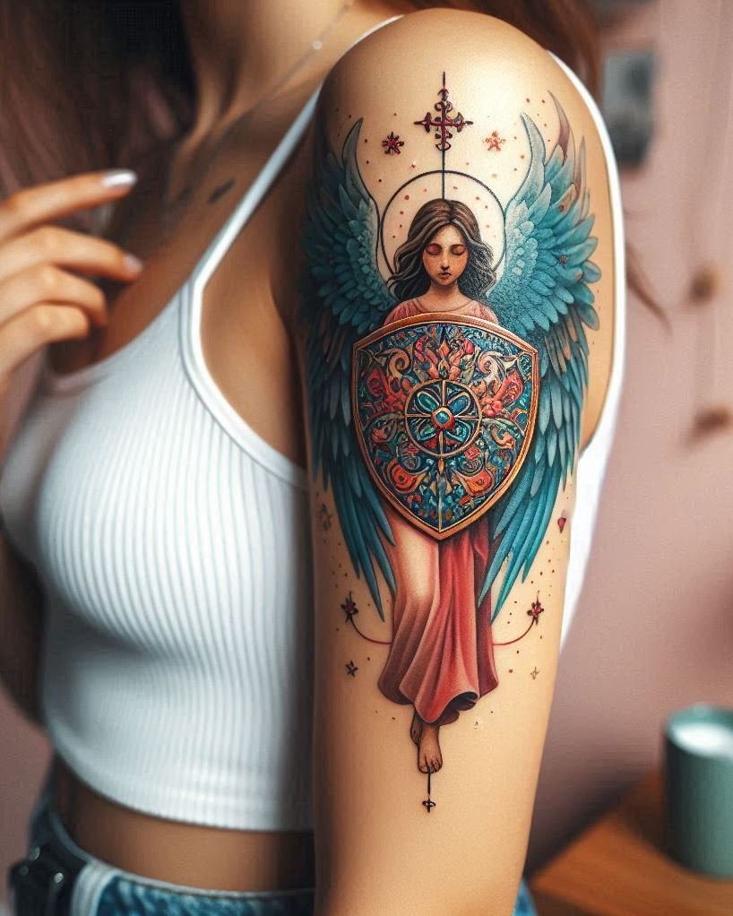 A resolute angel, its wings outstretched in protection, clutches a sturdy shield on your arm. This tattoo could symbolize unwavering faith, courage, and the divine's power to safeguard you from harm. The intricate details of the shield hint at the specific challenges you face, while the angel's form represents your inner strength and resilience.