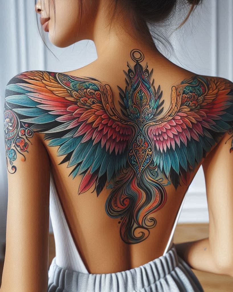 Ethereal angel wings, their forms wispy and flowing, adorn your back. Delicate shading creates depth and a sense of movement. This graceful tattoo could represent spiritual awakening, a liberation from earthly limitations, or the inner strength to rise above life's challenges.
