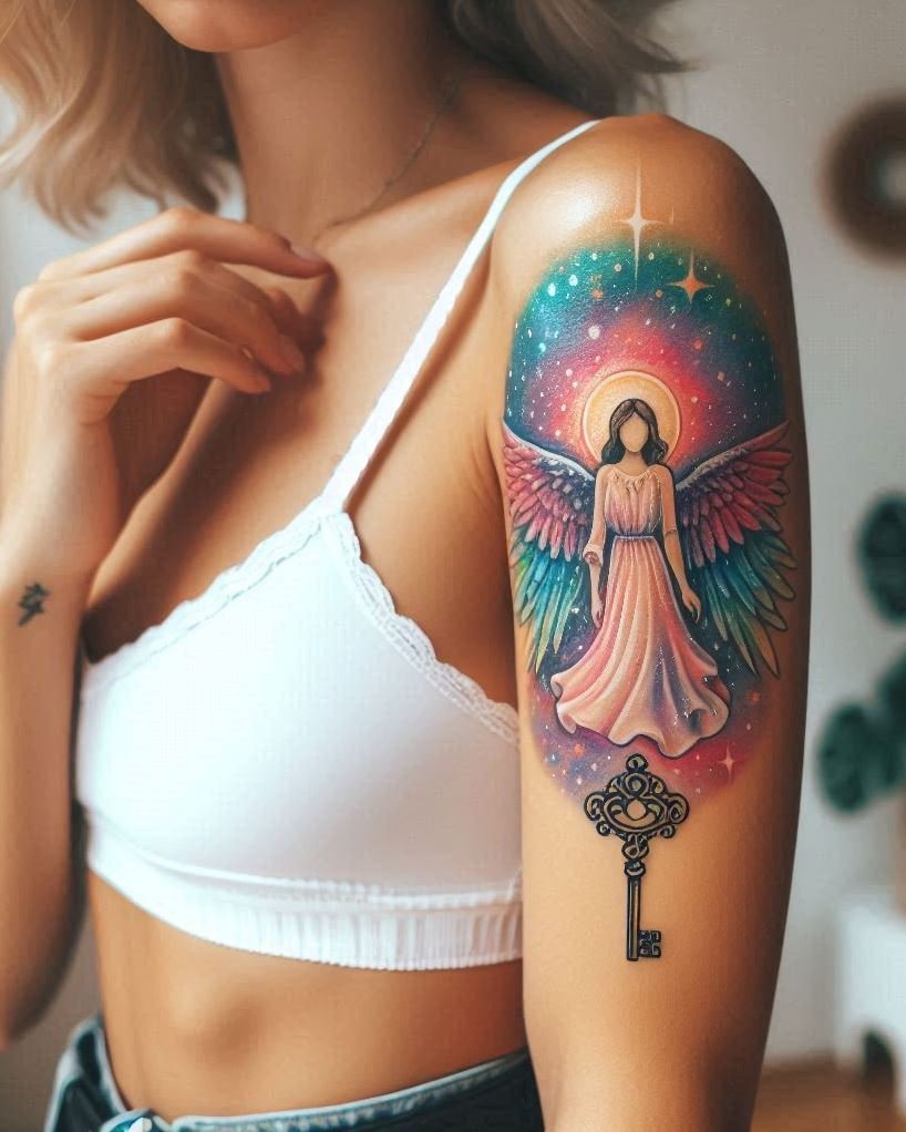 A graceful angel, bathed in soft light, reaches for a vintage key hovering above a swirling vortex on your arm. The key's intricate details hint at unlocking hidden knowledge or forgotten wisdom. The vortex represents the mysteries of the universe waiting to be explored. This tattoo could symbolize seeking guidance from the divine to unlock your full potential and embark on a path of spiritual growth.