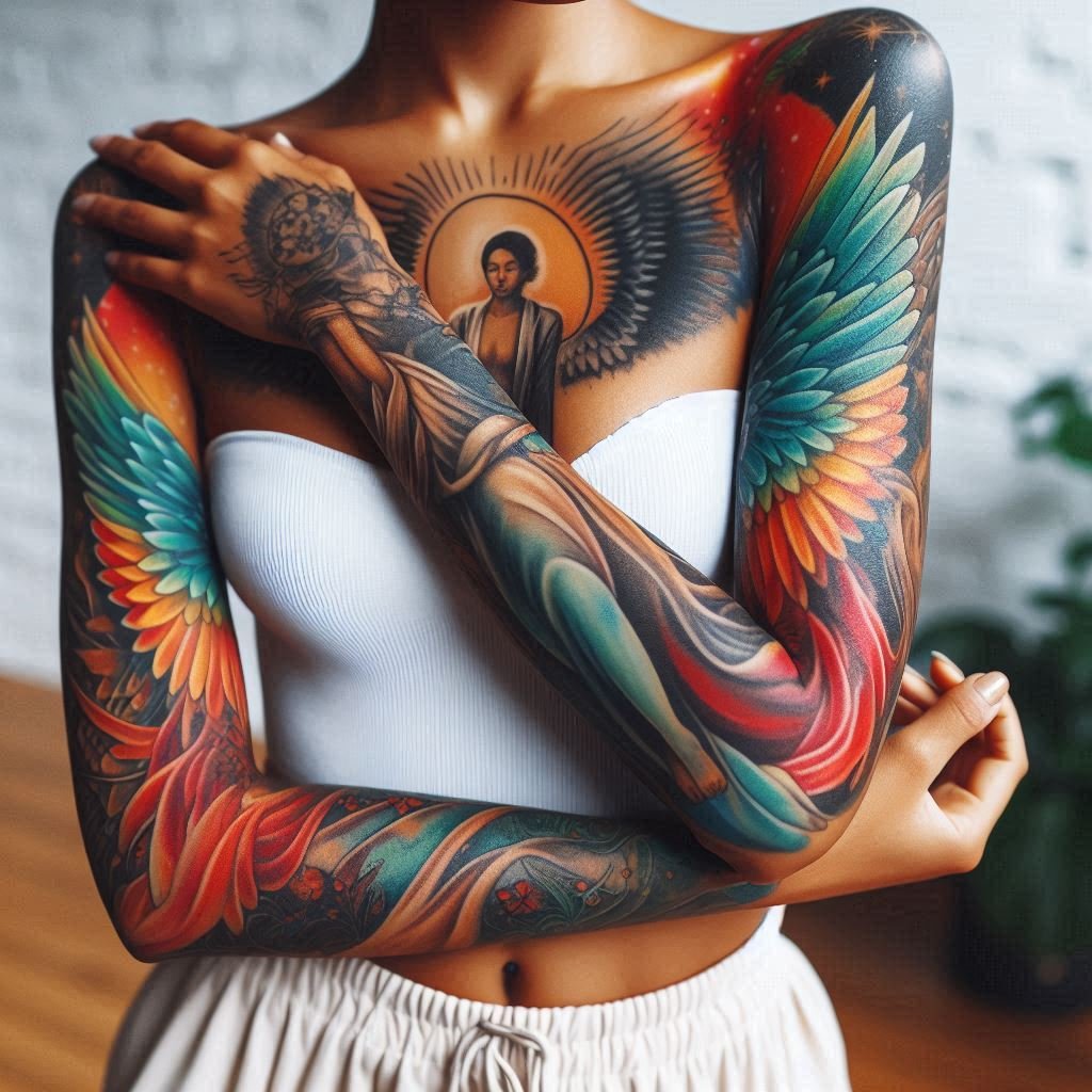 A breathtaking spectacle unfolds across your arms: a pair of majestic angel wings, each feather bursting with vibrant colors. This explosion of hues could represent the boundless love and divine creativity that fills the universe. The expansive wings symbolize the ever-present guidance and the limitless possibilities that lie ahead on your life's journey.