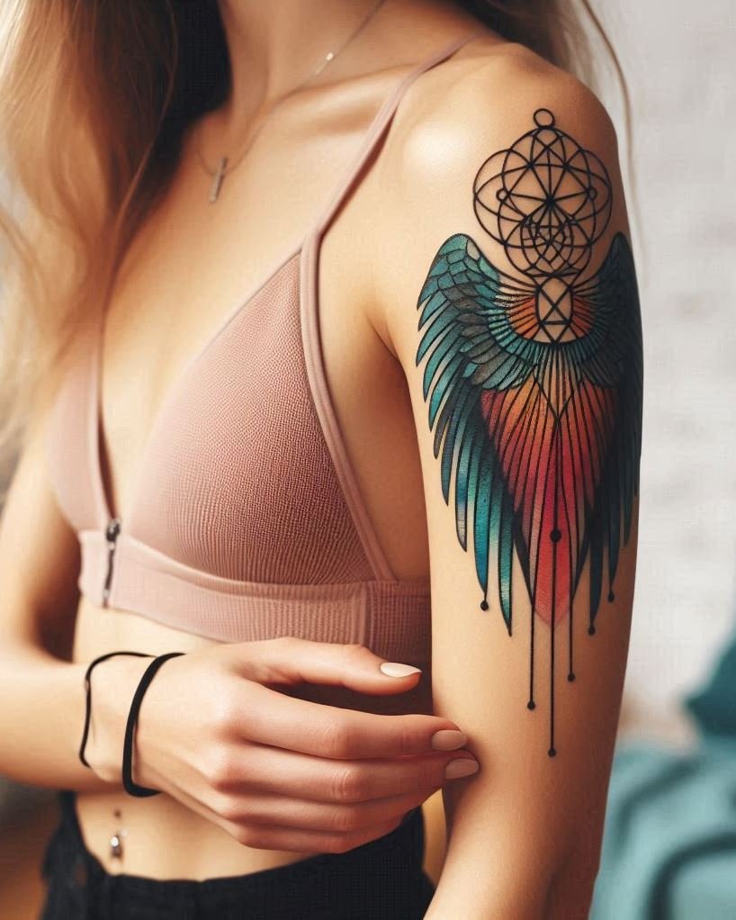 An ethereal harmony unfolds on your arm: a deconstructed angel wing formed from interlocking geometric shapes. Soft shading adds depth, creating a sense of mystery and intrigue. This tattoo could represent the veiled presence of the divine woven into the fabric of reality, with geometric elements hinting at a hidden order in the universe.