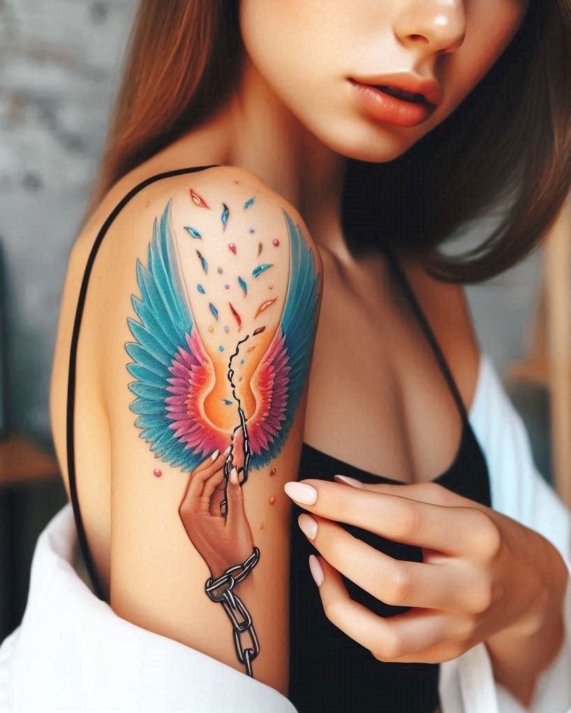 Bound but Unbroken: An angel with powerful wings struggles against heavy chains on your arm. This tattoo could symbolize a feeling of restriction, a battle between faith and doubt, or the yearning for freedom despite limitations. The angel's defiant posture hints at a persistent hope for liberation.