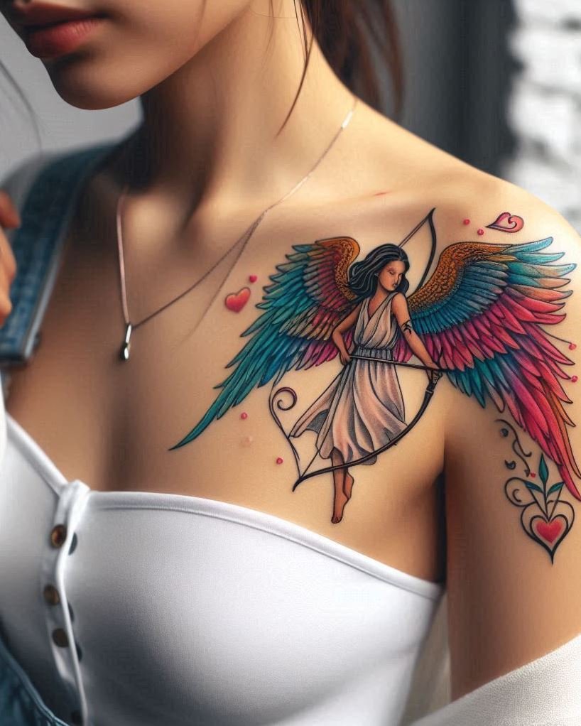 Divine Marksman: A powerful angel, nocked arrow aimed upwards, stands vigilant on your arm. The bow and arrow symbolize unwavering faith and the divine's ability to guide you towards your goals. The angel's resolute stance represents inner strength and the unwavering pursuit of your aspirations.