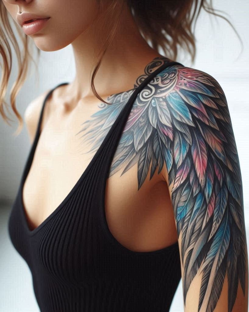 Soaring Spirit: Ethereal angel wings, their forms light and airy, stretch gracefully across your shoulders. Delicate shading creates a sense of movement and freedom. This tattoo could represent spiritual awakening, liberation from earthly constraints, or the inner strength to take flight and chase your dreams.