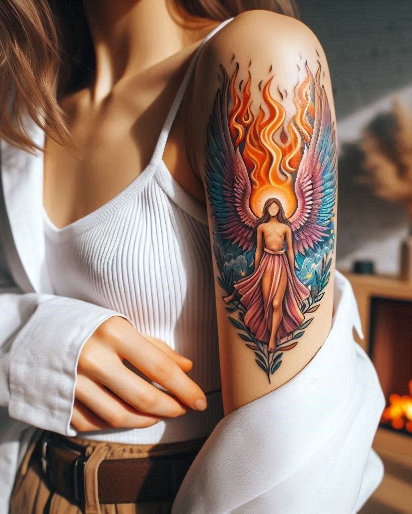 Transformation by Fire: A majestic angel, bathed in the fiery glow of the sun, ascends with outstretched wings on your arm. This tattoo could represent a phoenix-like transformation fueled by faith, or a spiritual awakening that burns away doubt and illuminates the path forward.