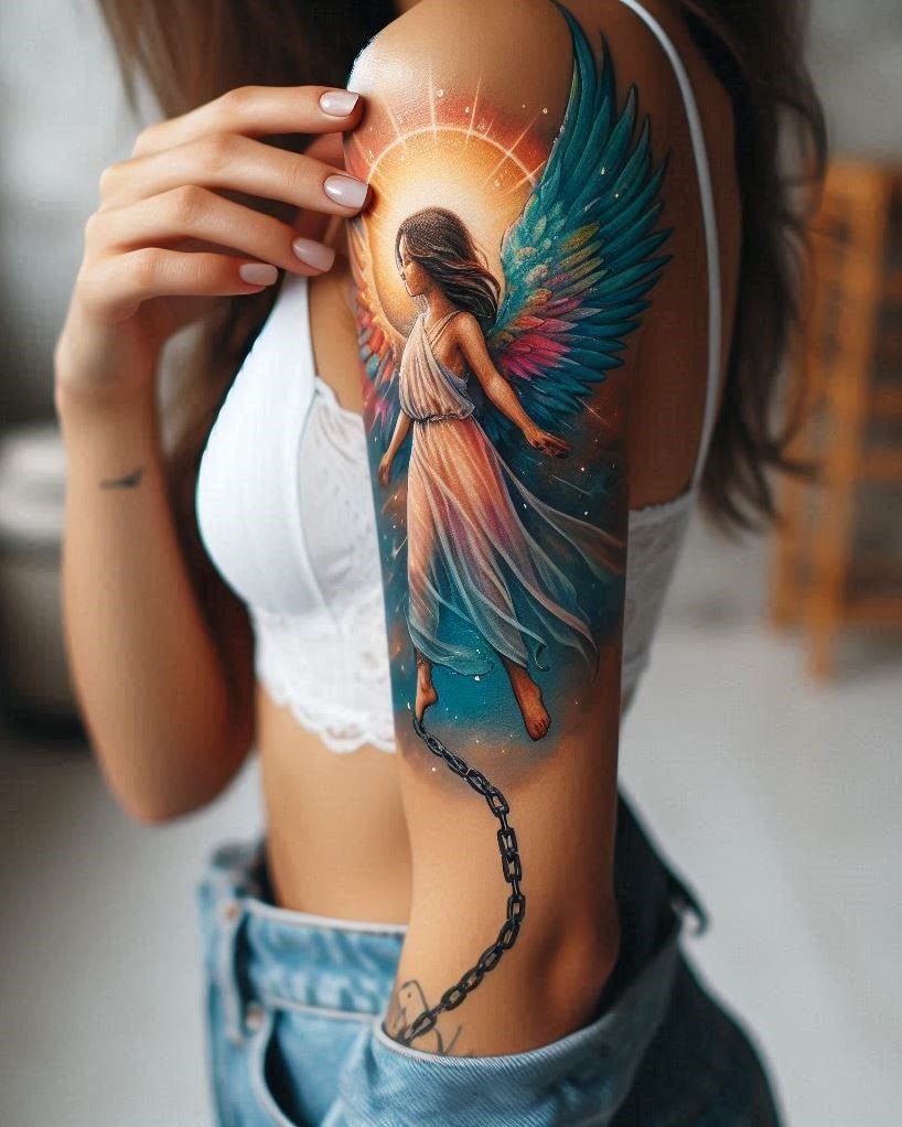Strength Within: A delicate angel, its wings partially chained, stands defiant on your arm. The intricate details of the chains hint at past struggles. Yet, the angel's gaze is resolute. This tattoo represents the inner strength that resides within us all, even when burdened by hardship. The angel embodies the resilience of the human spirit and the fight for freedom.