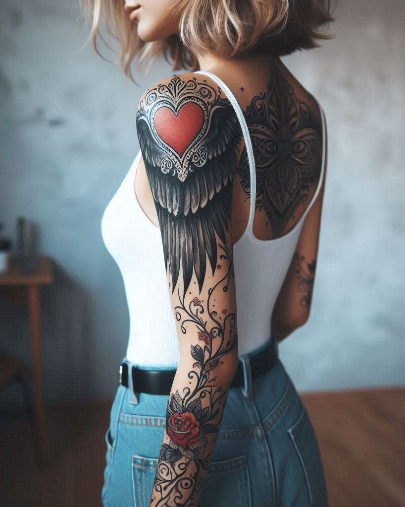 Angelic Power with a Pop of Love Spreading love with every beat! These majestic angel wings feature a stunning red heart on the arm, perfect for adding a touch of romance and celestial power to your next costume or cosplay.