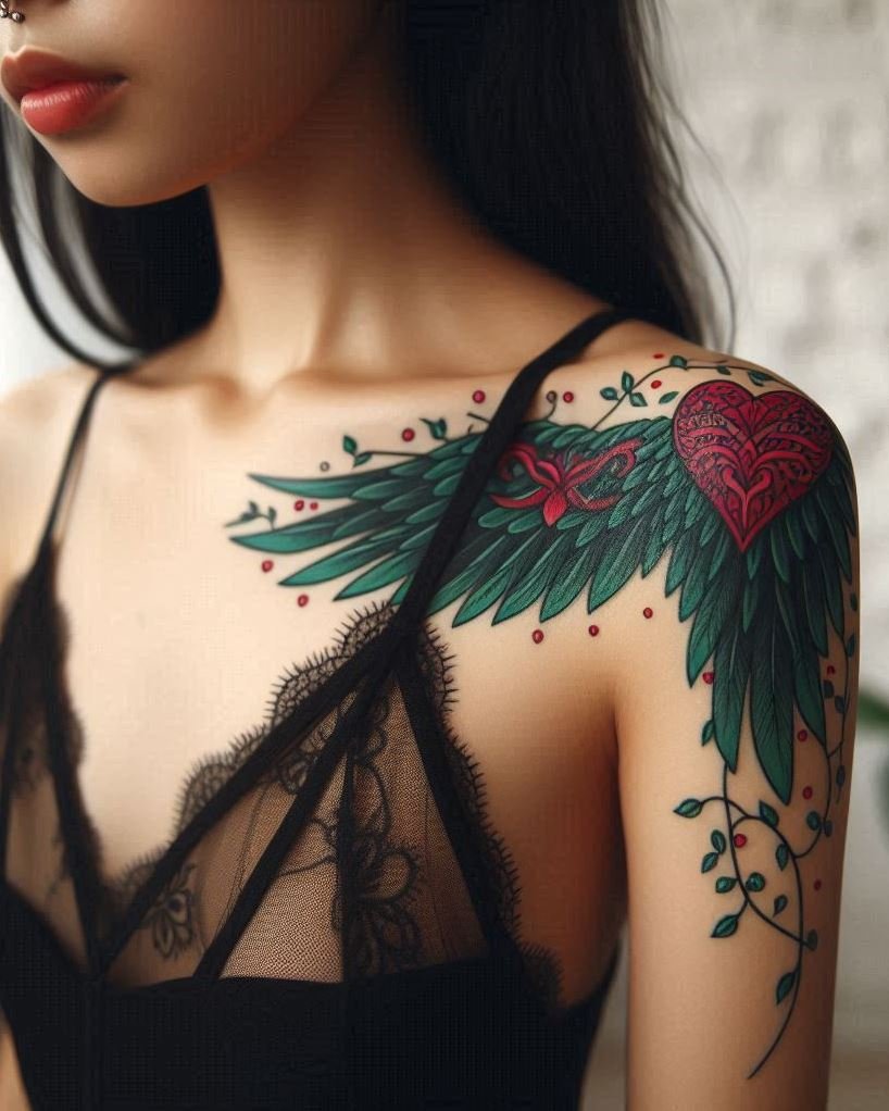 Winged Warrior with a Heart of Fire: Flowing white angel wings frame a bold red heart on the arm, representing strength and unwavering love in the face of adversity. Ideal for fans of powerful fantasy characters.