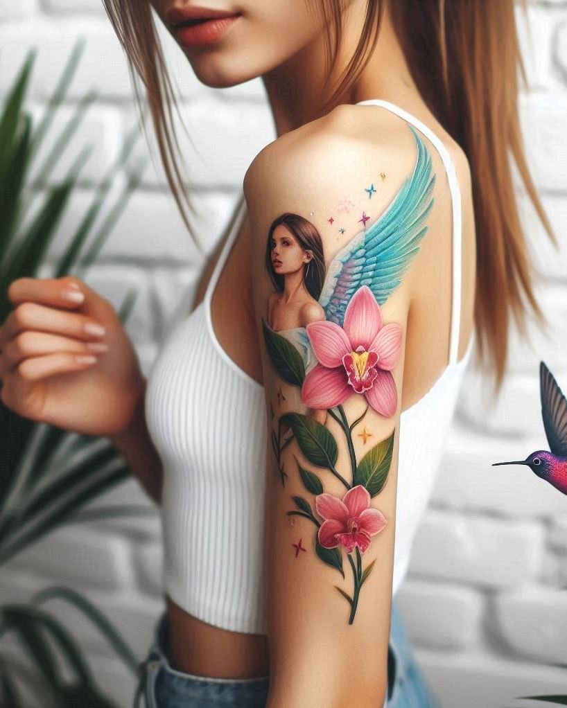 Blooming Grace: Ethereal white angel wings drape over a delicate flower on the arm, embodying a touch of divinity intertwined with the beauty of nature. Perfect for floral and angelic art lovers!