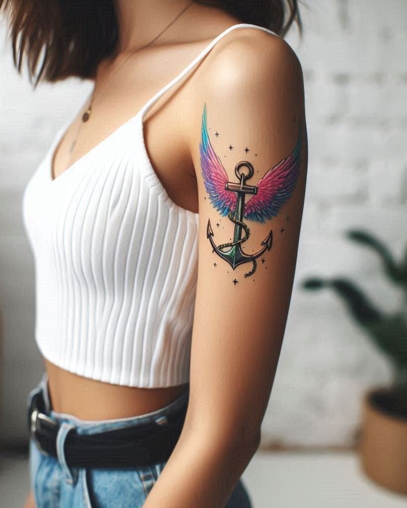 Anchored in Faith: Flowing white angel wings frame a sturdy anchor on the arm, symbolizing unwavering faith and hope that guides one through life's storms. Perfect for religious or nautical-themed artwork!