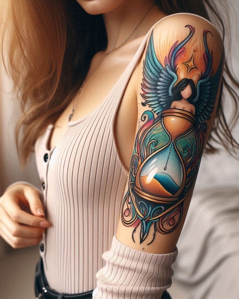 Timeless Guardianship: Ethereal white angel wings embrace a golden hourglass on the arm, symbolizing the passage of time under divine protection. Perfect for fantasy or religious artwork!