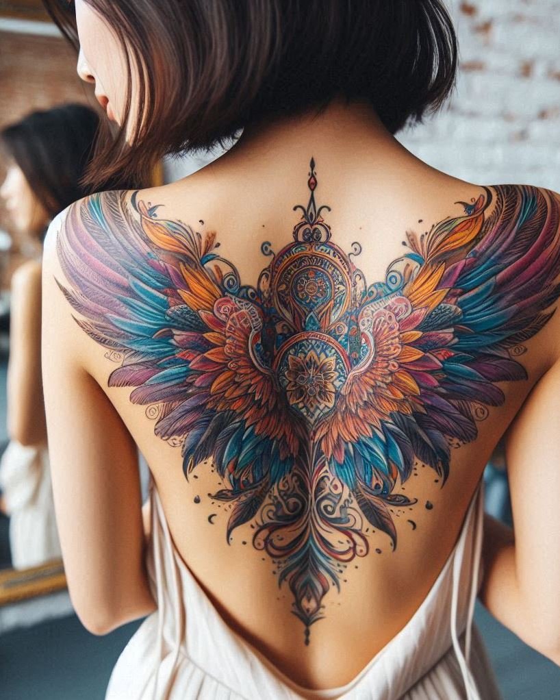 Divine Radiance: Majestic, colorful angel wings stretch wide, showcasing a spectrum of vibrant hues. This breathtaking design captures the awe-inspiring beauty of the celestial realm. Perfect for fantasy art enthusiasts!