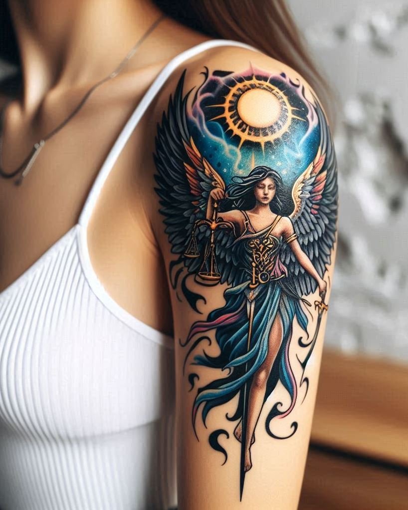 Angelic Justice: Majestic white wings unfurl, revealing a powerful sword cradled on the arm. This image represents the duality of angelic grace and righteous strength. Stunning for religious or fantasy artwork!