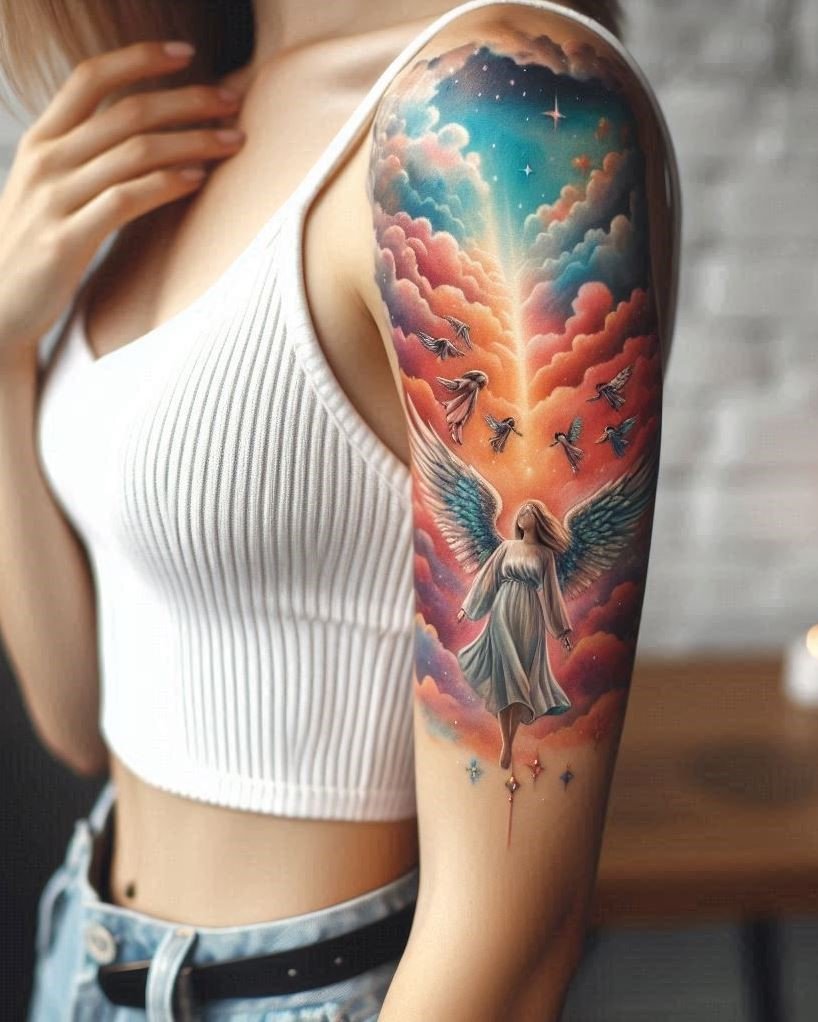 Guiding Light: Graceful angels with wings outstretched fly through a sea of clouds on an arm, leading souls towards a radiant light. This image represents hope, guidance, and the promise of a brighter future. Stunning for spiritual or fantasy artwork!