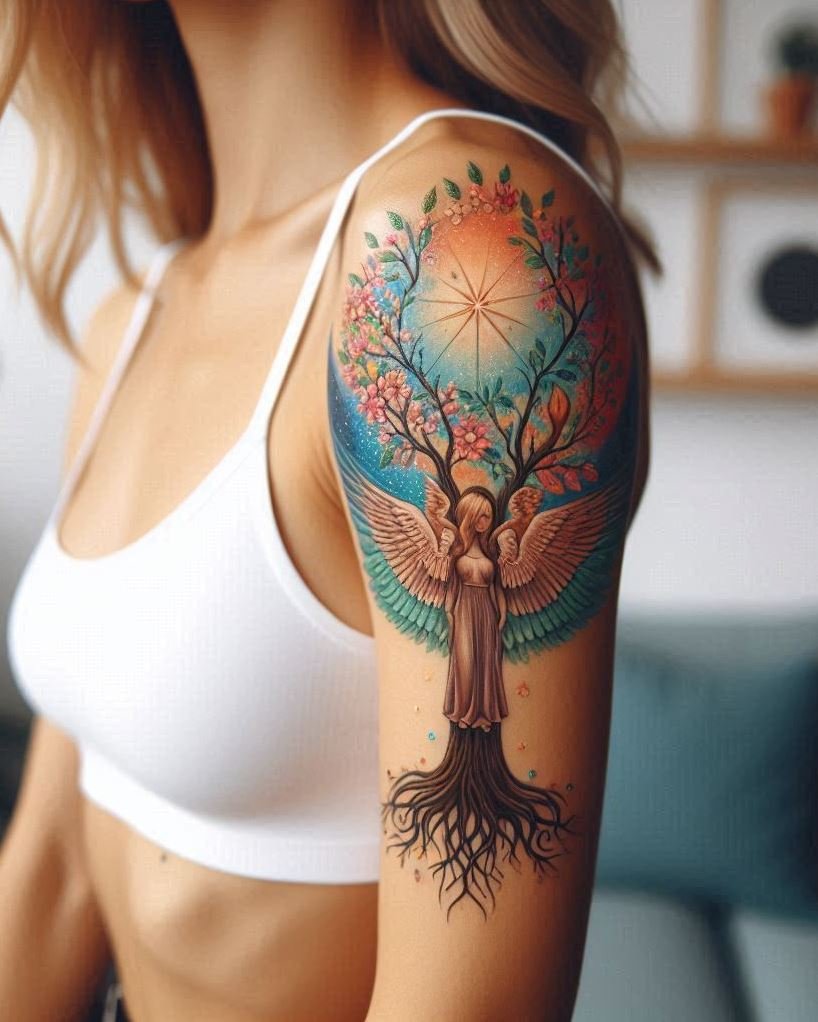 Guardian of Nature: A graceful angel with outstretched wings watches over a vibrant tree on the arm. Delicate vines weave around the angel's form, signifying a deep bond with the natural world. This image represents the protection and nurturing of life by the divine. Stunning for religious or environmental artwork!