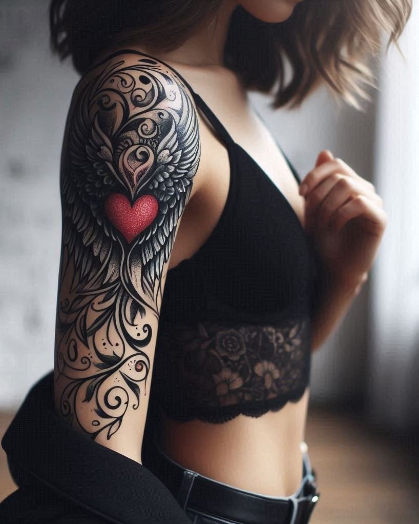 Divine Love Takes Flight: Ethereal white wings unfurl, cradling a vibrant red heart in the center. This majestic design symbolizes the boundless love and protection of the divine realm. Perfect for lovers of faith-based art!