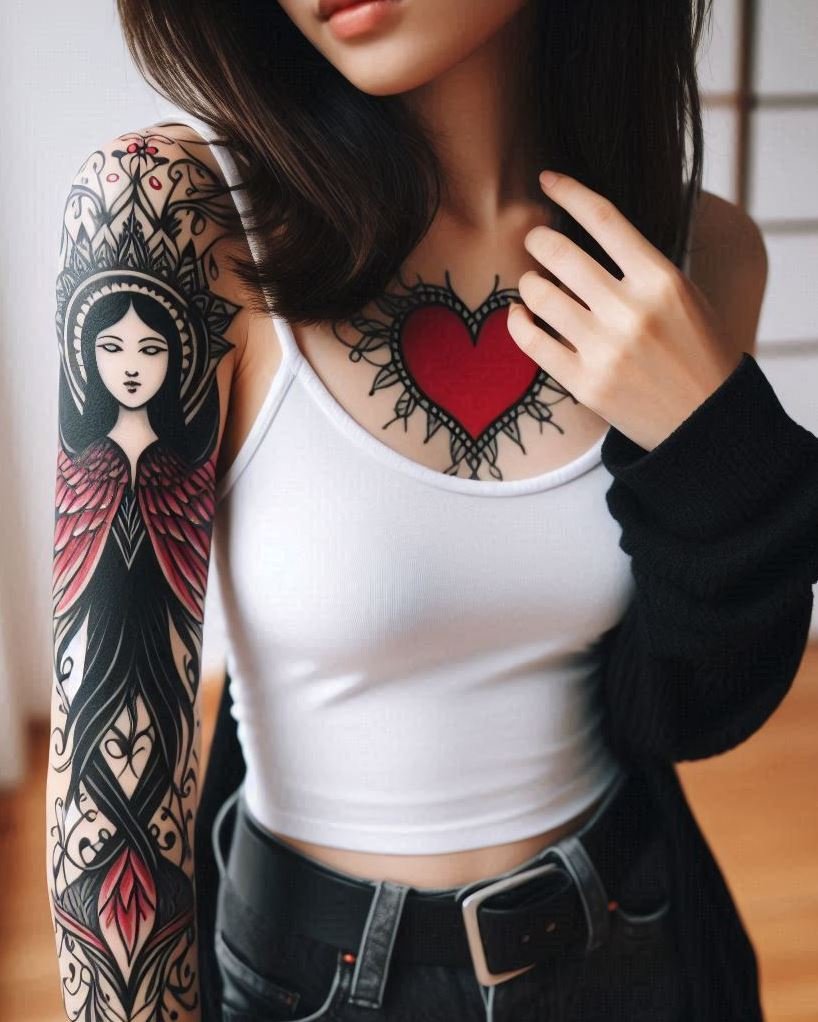 Celestial Guardian of Love: Majestic white wings spread wide, showcasing a radiant red heart at their core. This artwork captures the powerful combination of divine protection and unwavering love. Stunning for fantasy or religious artwork.