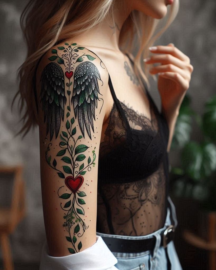 Angelic Embrace: Flowing white wings gently embrace a glowing red heart, symbolizing the warmth and comfort of celestial love. A beautiful piece for spiritual or romantic mood boards.