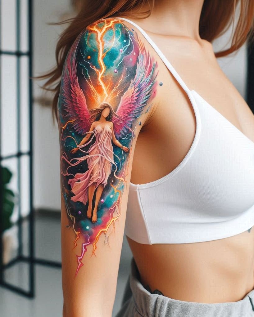 Herald of the Storm: A majestic angel, cloaked in a swirling storm, channels a bolt of lightning through its arm. This design embodies the awe-inspiring energy of nature and the divine. Stunning for fantasy or religious artwork.