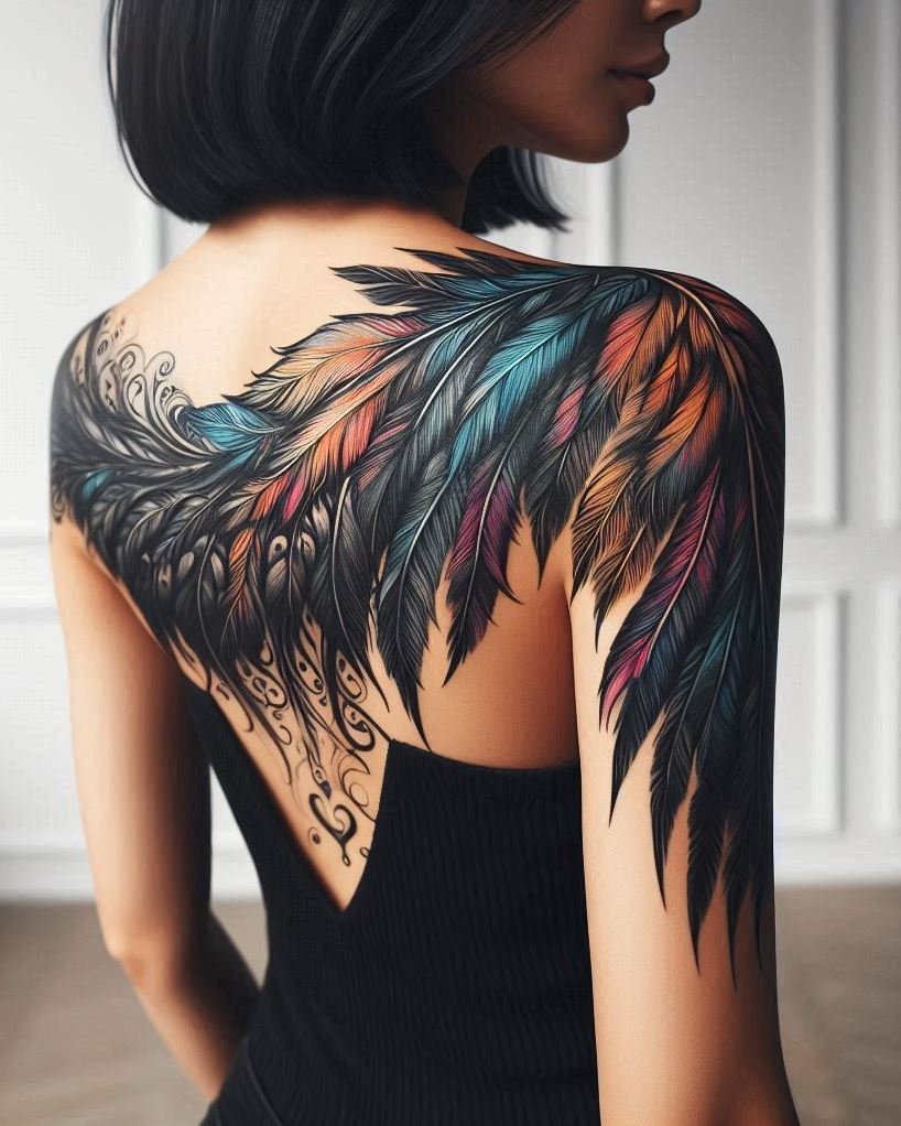 Celestial Embrace: Embrace your spiritual side with a large angel wing tattoo on your arm. The flowing feathers represent a connection to the heavens, a sense of belonging, and spiritual awakening.