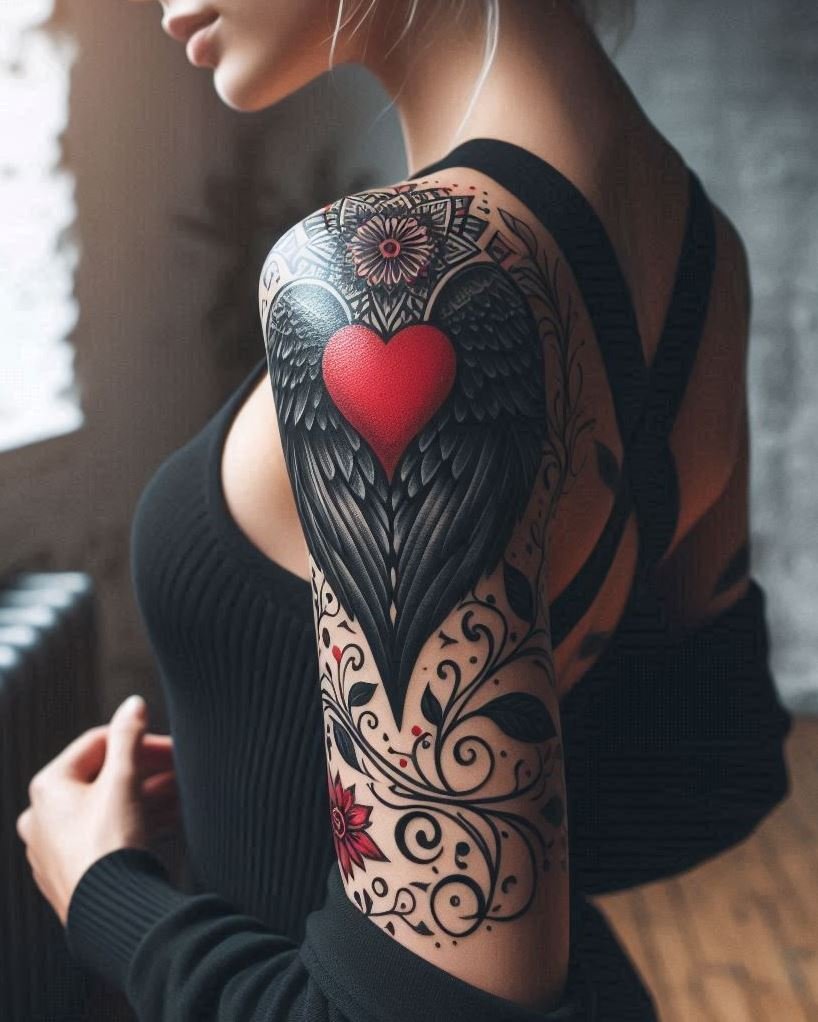 Fiery Heart of Faith: Ethereal white wings extend, revealing a bold red heart ablaze with light. This design represents the burning passion of faith and the unwavering love found in the heavens. Perfect for those seeking a more dramatic and powerful image.