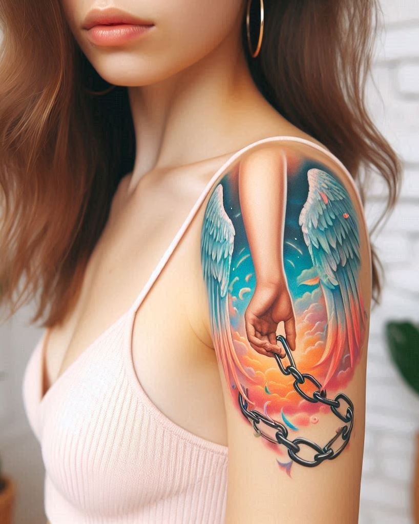 Breaking Free: Beautiful Angel Wings with Shattered Chains Tattoo Embrace the journey of overcoming limitations with a powerful tattoo of beautiful angel wings breaking free from shattered chains on your arm. The detailed feathers symbolize freedom and spiritual connection, while the broken chains represent casting off burdens, overcoming past struggles, and the potential for transformation. This design embodies the strength found in personal growth and liberation.