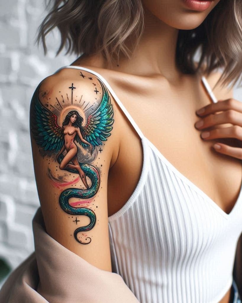 Duality & Transformation: Angel & Serpent Tattoo: Embrace the balance within with a majestic angel soaring above a coiled serpent on your arm. The detailed angel wings represent divine connection, while the serpent symbolizes transformation, rebirth, and facing your inner demons