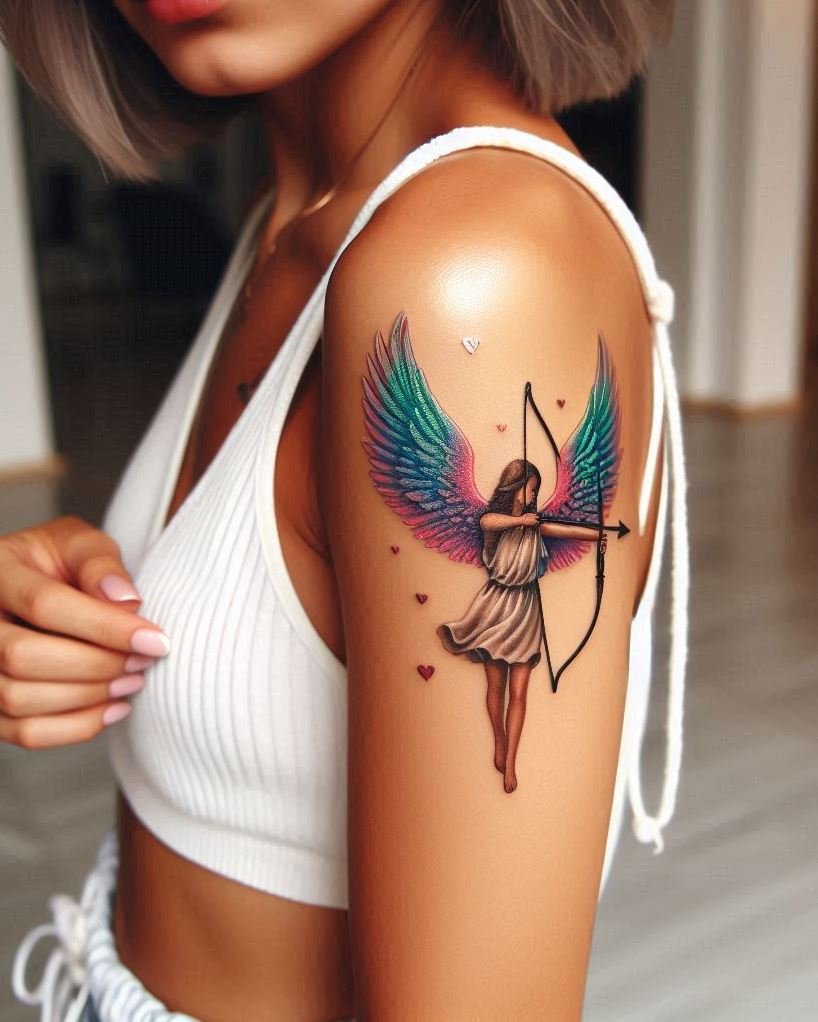 Celestial Marksman: Angel with a Flaming Arrow Tattoo: Depict unwavering focus and divine purpose with a beautiful angel drawing a flaming arrow on your arm. The detailed wings symbolize spiritual connection, while the flaming arrow represents unwavering focus, the pursuit of a righteous cause, and the power to manifest one's will.