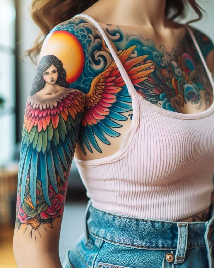 Embrace your spiritual yearning and connection to a higher power with a breathtaking tattoo of a beautiful angel kneeling in prayer, bathed in the warm glow of the rising sun, on your back. The detailed wings symbolize a messenger from the heavens, while the prayerful pose and radiant sun represent seeking guidance, hope, and renewal from the divine source of light and life.