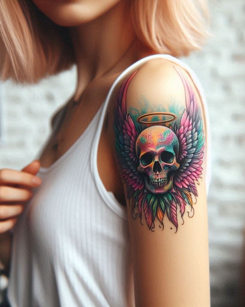 Embrace the beautiful paradox of life and death with a captivating tattoo of majestic angel wings intertwined with a weathered skull on your arm. The detailed feathers symbolize the potential for ascension and the spiritual realm, while the skull represents mortality and the impermanence of life. This design embodies the cycle of existence, reminding us to cherish each moment while acknowledging our inevitable end.