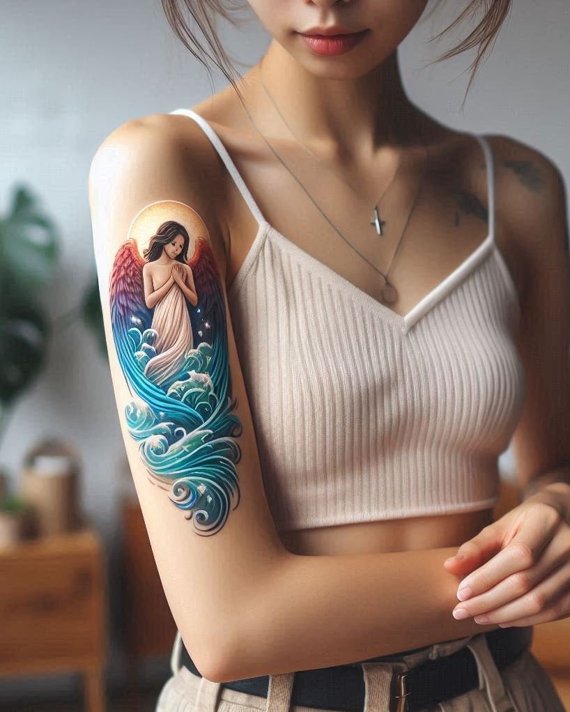 Whispers of Serenity: Angel Calming the Waves Tattoo: Depict a sense of peace amidst chaos with a serene angel hovering above calming waves on your arm. The flowing feathers symbolize tranquility, while the subsiding waves represent finding inner peace even in the midst of life's storms.