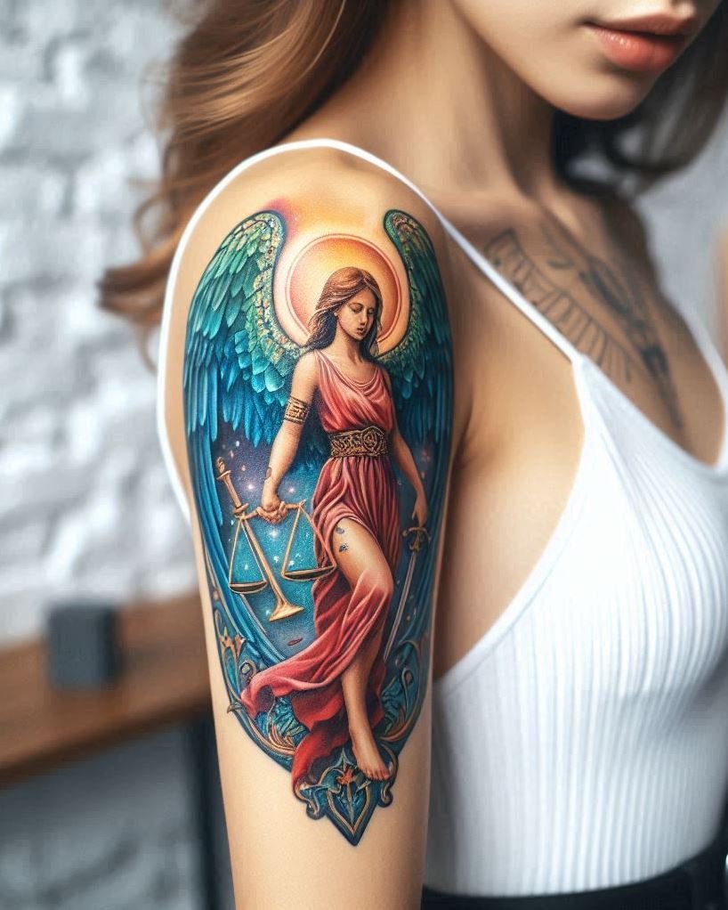 Celestial Defender: Angel with Glowing Sword Tattoo: Depict a powerful protector with a majestic angel wielding a glowing sword on your arm. The detailed wings symbolize unwavering faith, while the radiant blade represents defending what's right, fighting for justice, and the courage to face challenges head-on.