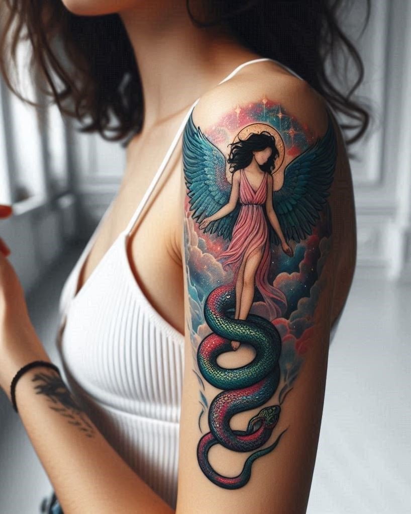 Victory of Light: Angel Vanquishing Serpent Tattoo: Depict your triumph over challenges with a powerful angel battling a serpent on your arm. The flowing feathers and dynamic pose represent conquering darkness with faith, overcoming adversity, and emerging stronger.