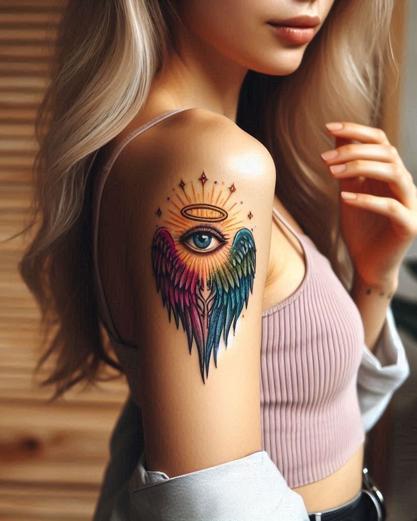 Divine Watchfulness: Angel Wings and All-Seeing Eye Tattoo (Arm Placement) Embrace the feeling of being under divine guidance with a captivating tattoo of majestic angel wings cradling an all-seeing eye on your arm. The detailed feathers symbolize a connection to the heavens and a guardian angel watching over you, while the all-seeing eye represents wisdom, protection, and the feeling of being constantly guided on your path. This design embodies both the nurturing embrace of an angel and the unwavering awareness of a higher power.