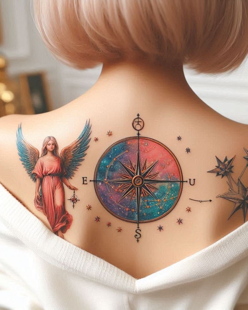 Guardian of Crossroads: Angel with Two Intertwined Compasses Tattoo: Embrace the choices you make with a captivating angel holding two intertwined compasses on your arm. The detailed wings symbolize the angel's watchful gaze, while the compasses represent the many paths life offers and the inner strength to navigate them with wisdom.