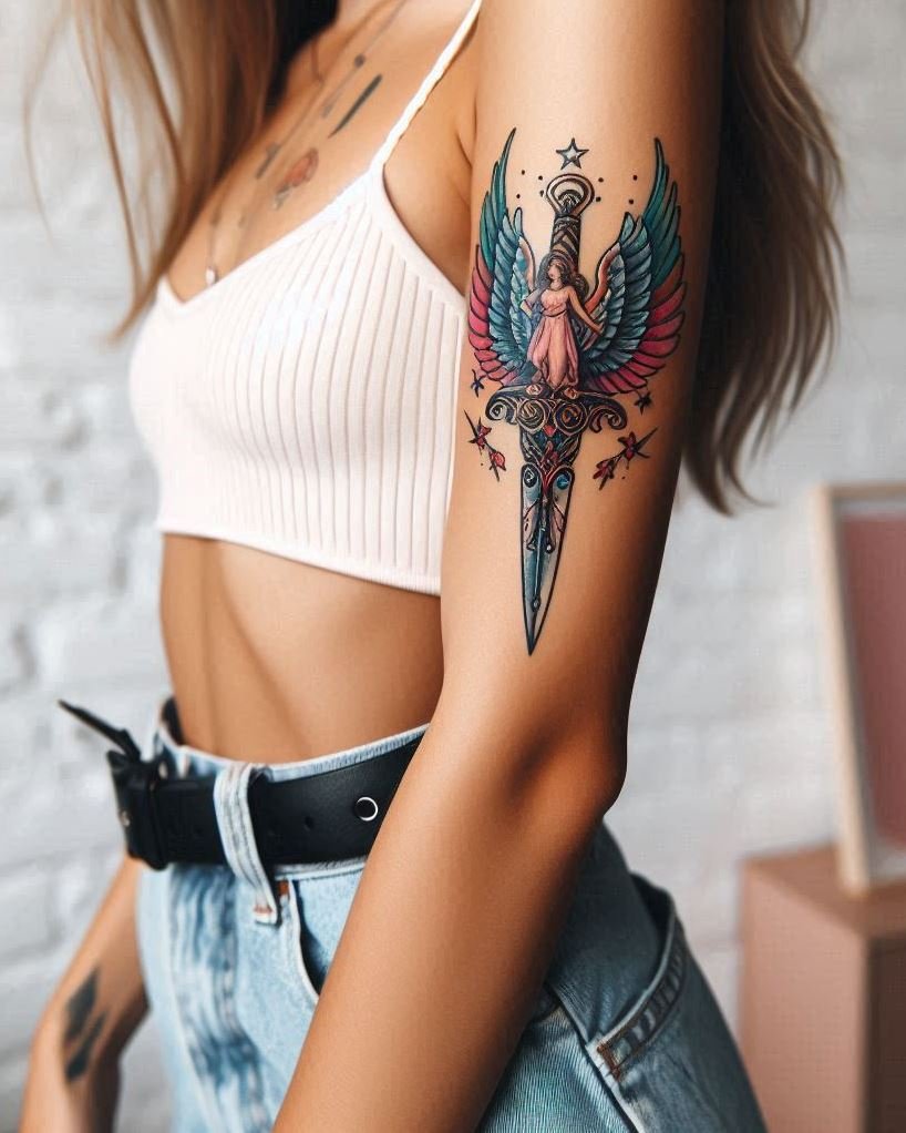 Guardian of Peace: Angel with Sheathed Sword Tattoo: Showcase a protector of serenity with a beautiful angel carrying a sheathed sword on your arm. The flowing wings symbolize watchful guardianship, while the sheathed weapon represents inner strength, maintaining peace, and the potential for fierce action when necessary.